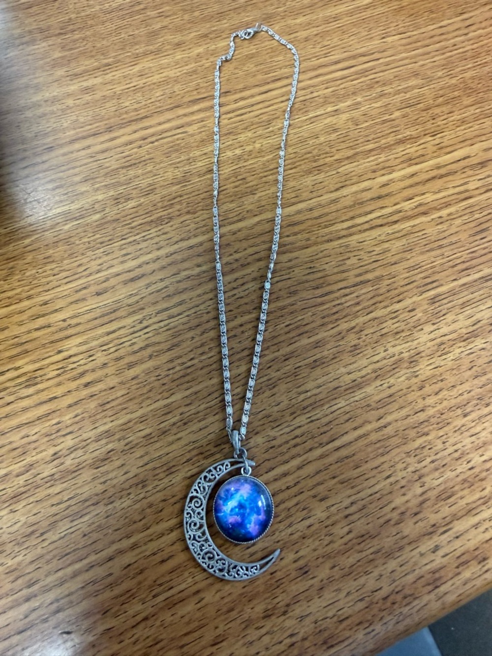 Silver Crescent Moon Pendant Necklace with Blue Galaxy Cabochon